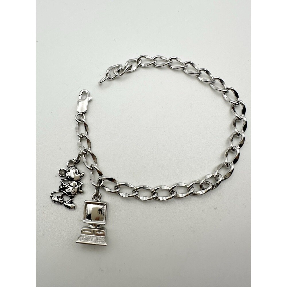 Vintage Sterling Silver Disney Mickey Mouse Computer Charm Bracelet 7.25”